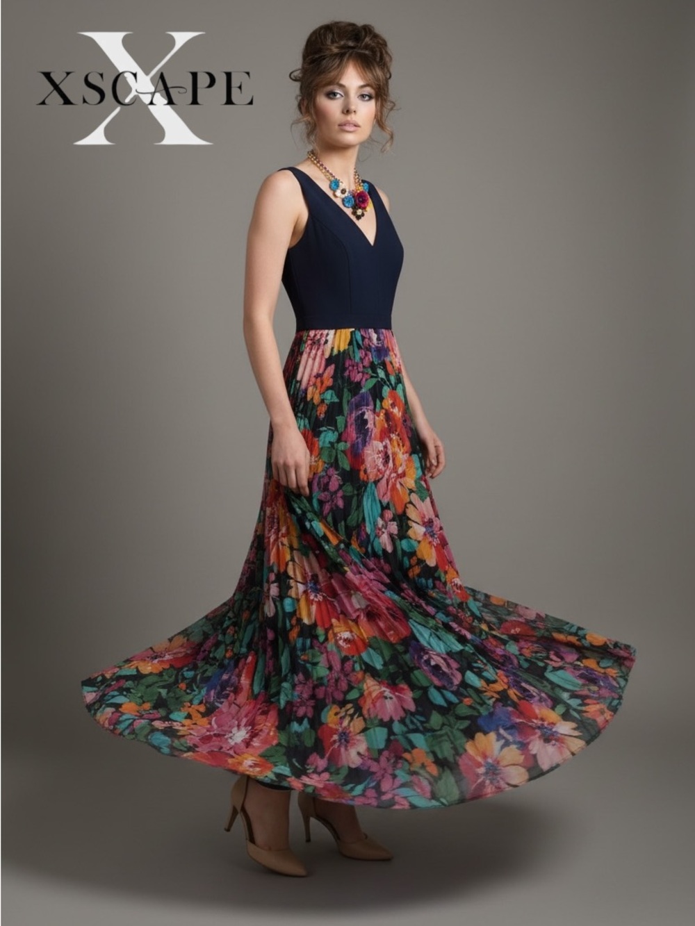 NWT XSCAPE V-Neck Mixed-Media Floral Skirt Gown Maxi Dress - Size 6